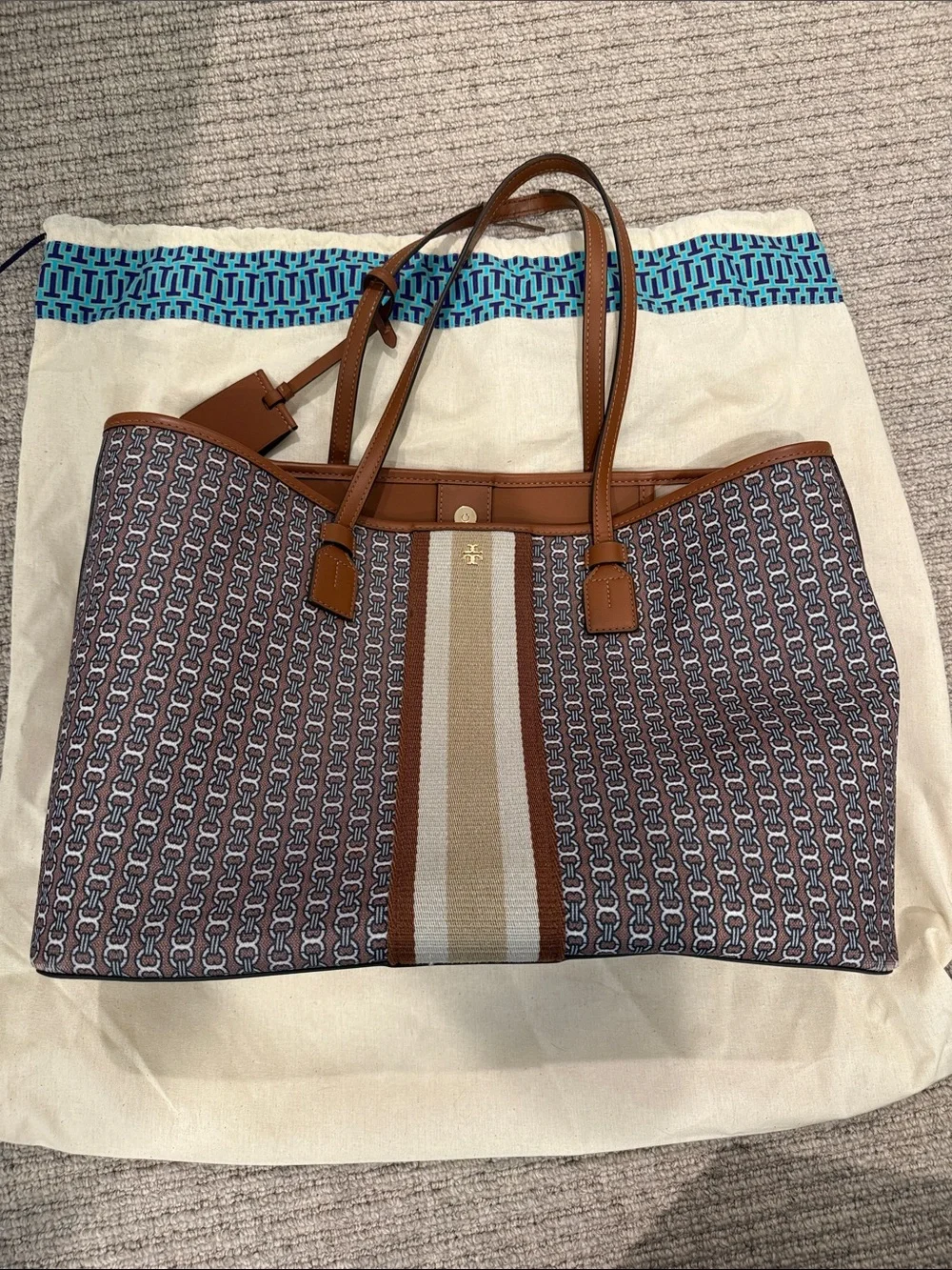 Tory Burch Brown Canvas Logo Stripe Tote with Cream Center Stripe